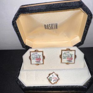 Vintage Baskin Asian Scenery Gold Tone Cufflinks & Tie Tac